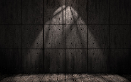 grunge industrial background, dark underground room with walls of concrete slabs and wooden floorの写真素材