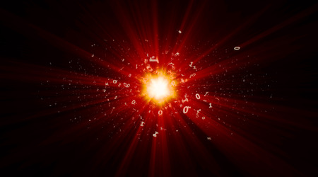 the explosion of binary stars in cyberspace, abstract bright digital star with red raysの写真素材