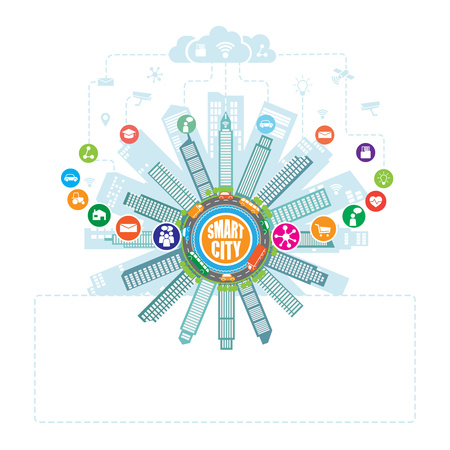 Smart city with advanced intelligent services, and augmented reality, social networks, Internet of things, icons. Background, place for textのイラスト素材