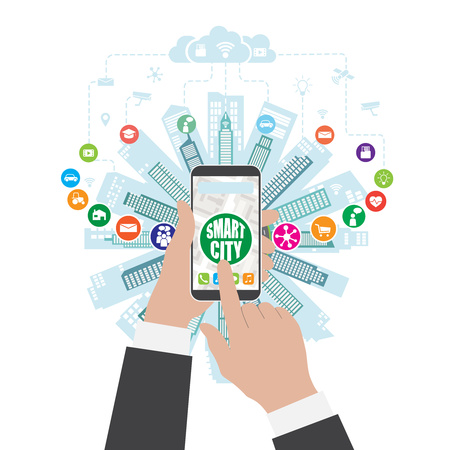 Life in a smart city with advanced smart services, and augmented reality, social networking, the Internet of things, iconsのイラスト素材