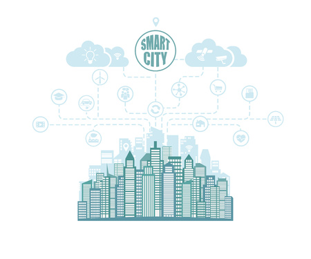 Smart city with advanced smart services, social networking, the Internet of things, background, place for textのイラスト素材