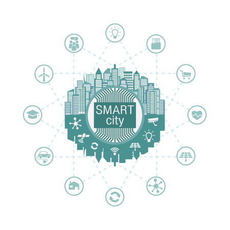 Smart city with advanced smart services, social networking, the Internet of things, connected to the Central serverのイラスト素材