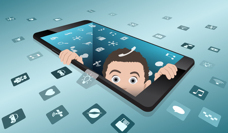 A frightened man looks out of smartphone with the screen, the return to reality from virtual reality, virtual reality, vector illustration with well organized layersのイラスト素材