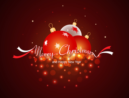 Greeting card with Christmas balls and the inscription "Merry Christmas" in the form of ribbonsのイラスト素材