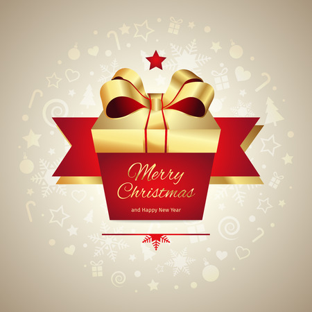 Christmas greeting card, gift box with gold ribbon, vector illustration with well organized layersのイラスト素材