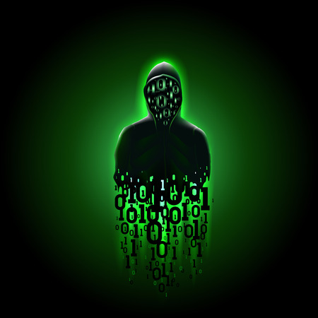 Silhouette of a hacker in a hood with binary code on a luminous green background.
