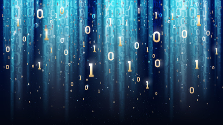 Dark blue background with binary code, sequins, light rays, digits in space.