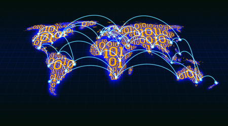 Abstract world map from digital binary code on a grid background, global Internet transactions...