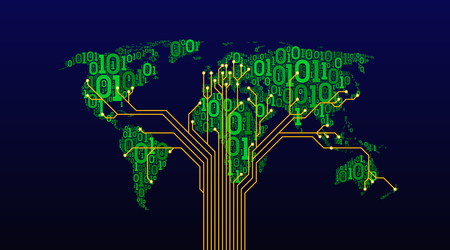 Abstract world map from a digital binary code on a dark background, a connection between cities in the form of a printed circuit board of a tree structure, well-organized layersのイラスト素材