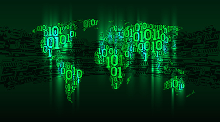 Abstract map world with continents from digital binary code on the background abstract printed circuit board, concept of digital technology, Internet of things, big data, well-organized layersのイラスト素材