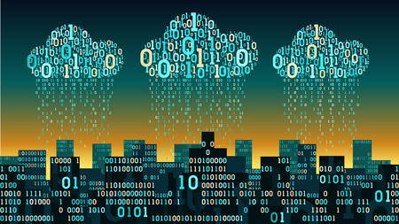 Abstract futuristic smart city connected to cloud storage, with the artificial intelligence and internet of things, binary rain - data stream, big data, network digital technology conceptのイラスト素材