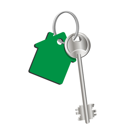 Key house on the ring with a green key fob, rental of property, concept of sale purchase of real estateのイラスト素材