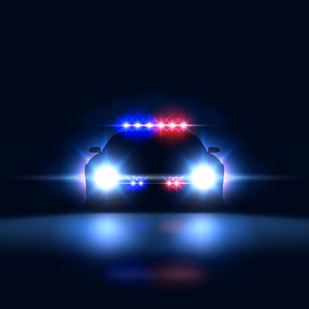 Police car sheriff at night with flashing light. Police security patrol on the car in the dark with a siren, vector illustrationのイラスト素材