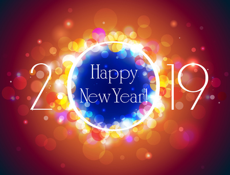 Happy new year 2019 orange blue greeting card, glittering vector hot clorful bokeh backgroundのイラスト素材