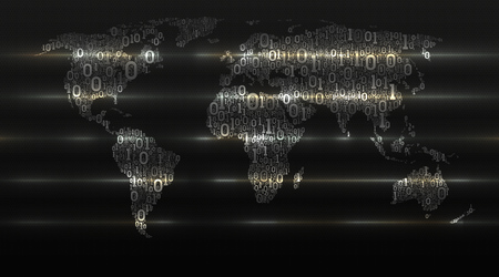Binary code world map on dark cellular background. Abstract digital technologies transform the world. Concept of cloud service, iot, ai, big data, vector illustrationのイラスト素材