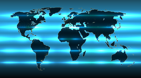 Stylized world map with horizontal luminous lines. Map of the Earth with dark blue continents and light oceans, vector illustrationのイラスト素材