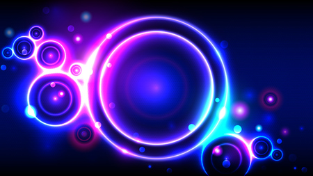 Bright party background, neon glowing circles, abstract multicolor round frame, bokehのイラスト素材