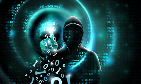 Computer hacker with a hood touches the touch screen binary code. Light waves on abstract binary dark background hacker silhouette. Hacking computer system, database server, data theft, vectorのイラスト素材