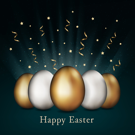 Gold and silver easter eggs on dark background. Easter golden and white eggs. Template design, greeting card. Invitation background, vectorのイラスト素材
