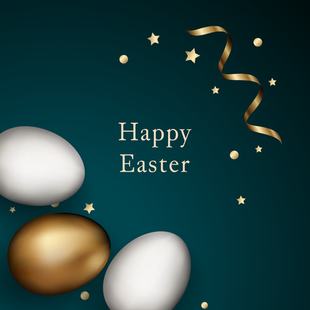 Close up of gold and white easter eggs on dark background. Easter white and golden egg swith gold serpentine and confetti. Invitation background. Template design, greeting card, vectorのイラスト素材