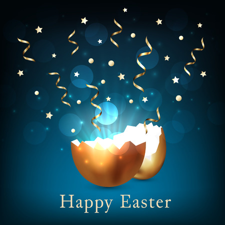 Broken golden easter egg with light and confetti on a dark blue background. Bokeh light and glare from a cracked golden shell. Happy easter concept. Vector, space for textのイラスト素材