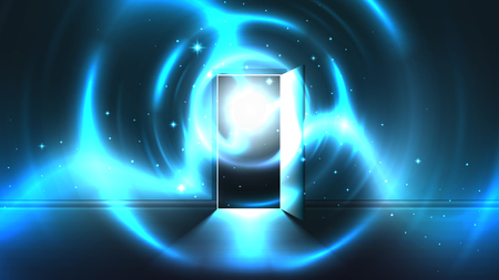 Light tunnel from open door of dark room, abstract mystical paranormal glowing exit. Light in the end of a tunnel. Portal to another world, alien universe. Open door template, sci-fi backgroundのイラスト素材