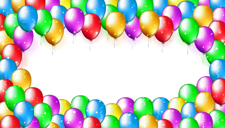 Happy holiday background with colorful balloons. Multicolor balloons frame on white background with place for text. Balloon decoration for celebration and party. Vector greeting cardのイラスト素材