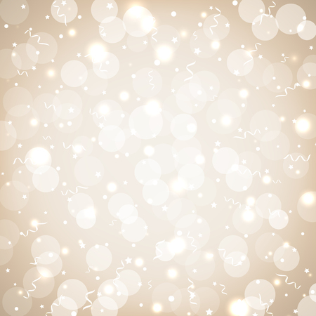 Festive party golden background with confetti, bokeh and serpentine. Soft pastel holiday background with golden sparkles. Light vector greeting cardのイラスト素材