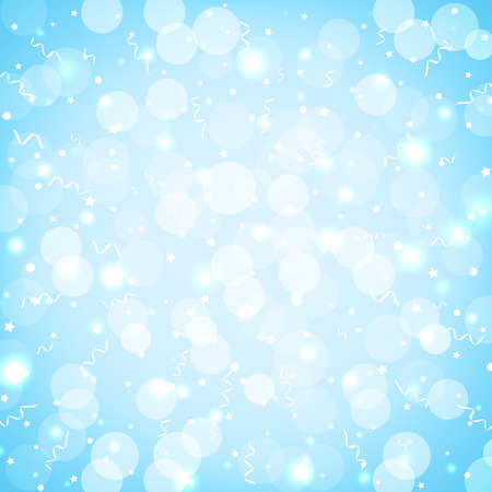 Festive party blue background with confetti, bokeh and serpentine. Soft blue pastel holiday background with sparkles. Vector greeting cardのイラスト素材