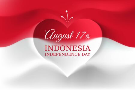Banner august 17, independence day indonesia, vector template indonesian flag with heart shape. Background with flying flag. National holiday of indonesia on august 17. Independence day greeting cardのイラスト素材