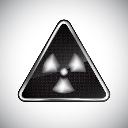 Caution radiation hazard sign. Black and white metal warning radiation hazard sign on white background. Information security vector symbol. Design protection icon, button. Science vector illustrationのイラスト素材