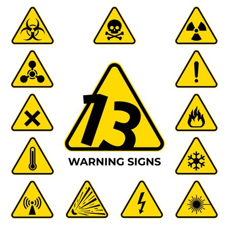 Set of hazard warning signs. 13 black yellow triangle warning safety and caution signs. Information security hazard vector symbol, icon. Baker's dozen. Vector illustrationのイラスト素材