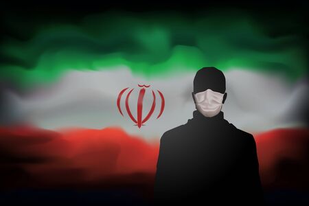 COVID-19 coronavirus epidemic in iran. Silhouette of man in medical mask on abstract iranian flag background. Global COVID-19 coronavirus pandemic, pneumonia. Banner design concept. Vectorのイラスト素材