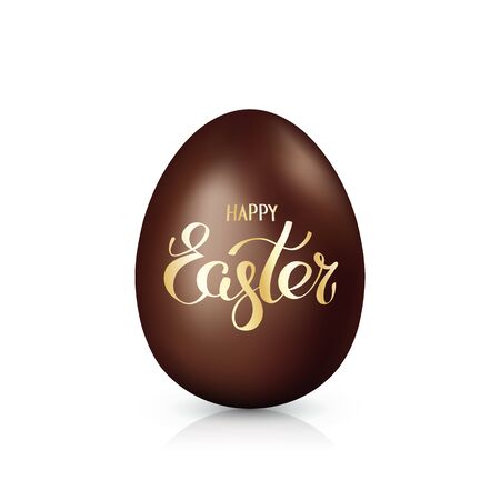 Chocolate easter egg with golden lettering happy easter isolated on white background. Dark chocolate egg. Holiday greeting card design element. Vector realistic illustrationのイラスト素材