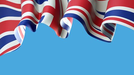 United Kingdom, great britain flag on blue sky for banner design. Waving british flag isolated on blue background. British holiday design. United Kingdom state patriotic template. 3d illustrationの写真素材