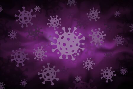 Dark magenta coronavirus background. Outbreak of COVID-19 virus infection in world. Corona virus prevention, quarantine. Pneumonia disease. Influenza pandemic. Epidemic risk alert, vector illustrationのイラスト素材