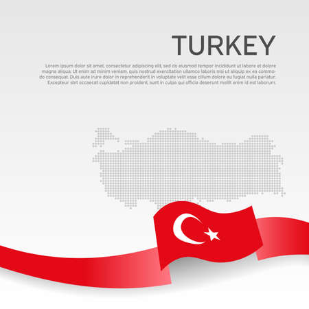 Background with wavy flag and mosaic map of turkey. Turkey flag with wavy ribbon on a white. National poster design. Business booklet. State turkish patriotic banner, flyer. Vector illustrationのイラスト素材