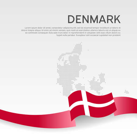 Denmark wavy flag and mosaic map on white background. Denmark flag color wavy ribbon. National poster design. State danish patriotic banner, flyer. Business booklet. Vector illustrationのイラスト素材