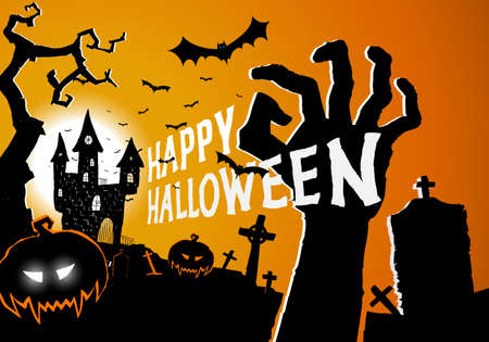 Halloween greeting card with horror elements creepy castle, hand from grave, pumpkin and graveyard. Happy Halloween festive poster, party invitation flyer, background. Place for text. Vectorのイラスト素材
