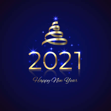 2021 New Year. Shiny golden 2021 with ribbon on blue background. New Year design for invitation, greeting card, calendar. Shiny gold logo. Holiday greeting card. Party event decoration, vectorのイラスト素材