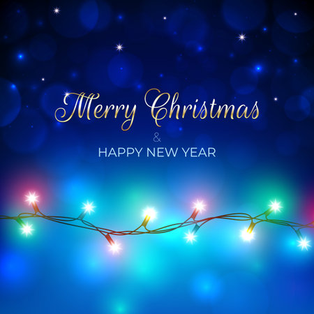 Merry Christmas and happy new year holiday greeting card. Colorful christmas lights. Glowing xmas garland. Glowing lights on blue background. Gold lettering. Vector holiday xmas party banner designのイラスト素材