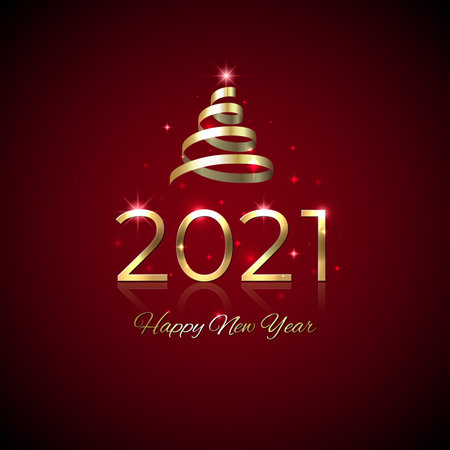 New Year 2021. Shiny golden 2021 with ribbon on red background. New Year design for invitation, greeting card, calendar. Party event decoration. Shiny gold logo. Holiday greeting card, vectorのイラスト素材