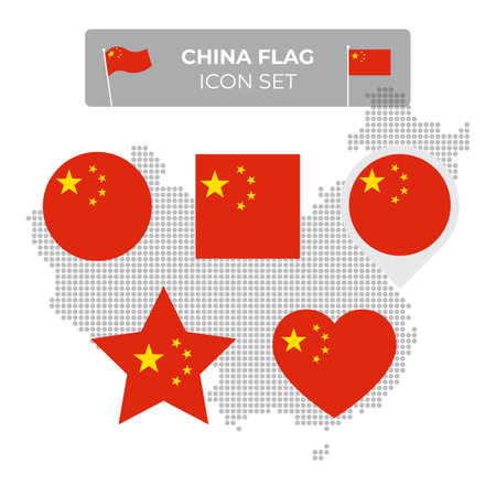China flag icons set in the shape of square, heart, circle, stars and pointer, map marker. Mosaic map of china. Chinese flag. Vector flat symbol, icon, buttonのイラスト素材