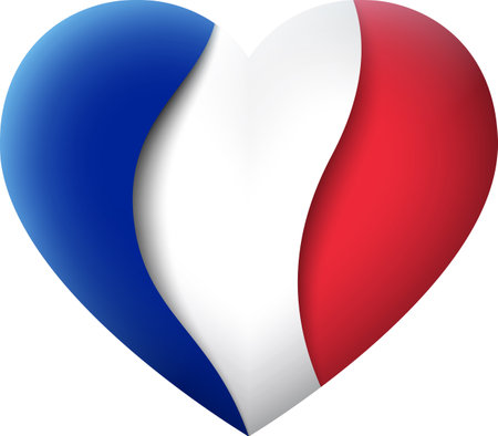 France flag icon in the shape of heart. Waving in the wind. Abstract waving france flag. French tricolor. Paper cut style. Vector symbol, icon, buttonのイラスト素材
