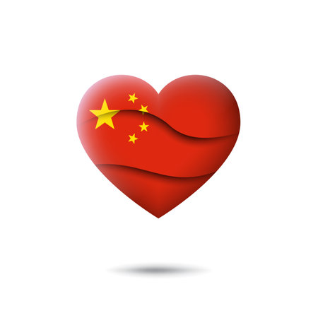 China flag icon in the shape of heart. Waving in the wind. Abstract waving china flag. Paper cut style. Vector symbol, icon, buttonのイラスト素材