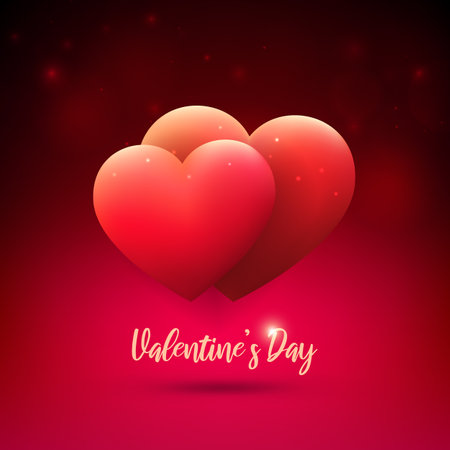 Valentines day card, red hearts on red blurred background. Happy valentine day banner. Invitation valentine's card with hearts. Love. Decorative design concept. Vector illustration. Sale posterのイラスト素材