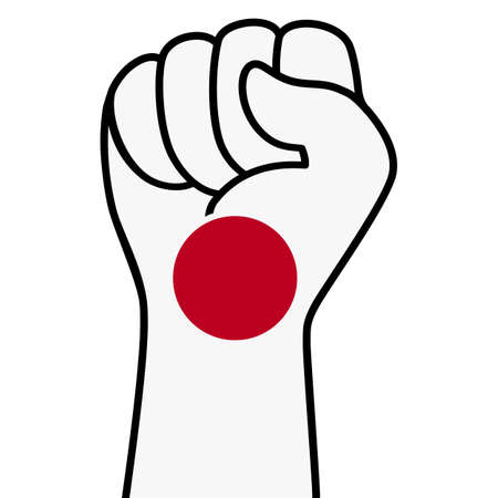 Raised fist japan flag. The hand of japan. Fist shape japanese flag color. Patriotic demonstration, rebel, protest, fighting for human rights, freedom. Vector flat icon, symbol for web banner, postsのイラスト素材