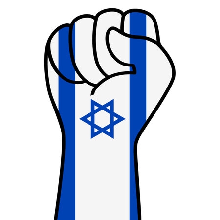 Raised fist of israel flag. Israeli hand. Fist shape israel flag color. Patriotic demonstration, rebel, protest, fighting for human rights, freedom. Vector flat icon, symbol for web banner, postsのイラスト素材