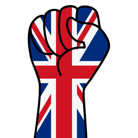 Raised fist flag of great britain. Hand of the united kingdom. Fist shape uk flag color. Patriotic demonstration, protest, fighting for human rights, freedom. Vector flat icon for web banner, postsのイラスト素材