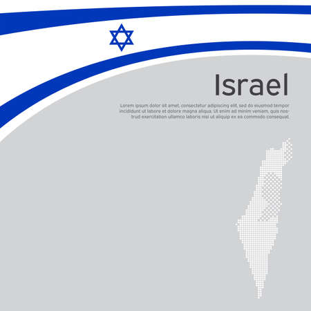 Israel flag, mosaic map background. Israel wavy flag on a white background. National poster. State israeli patriotic flyer, banner. Business booklet. flat style. Vector design, templateのイラスト素材